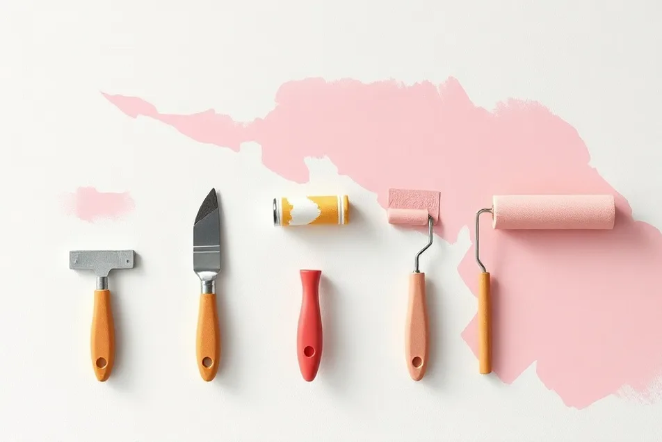 Outils de peinture disposés dans l'ordre des étapes du chantier