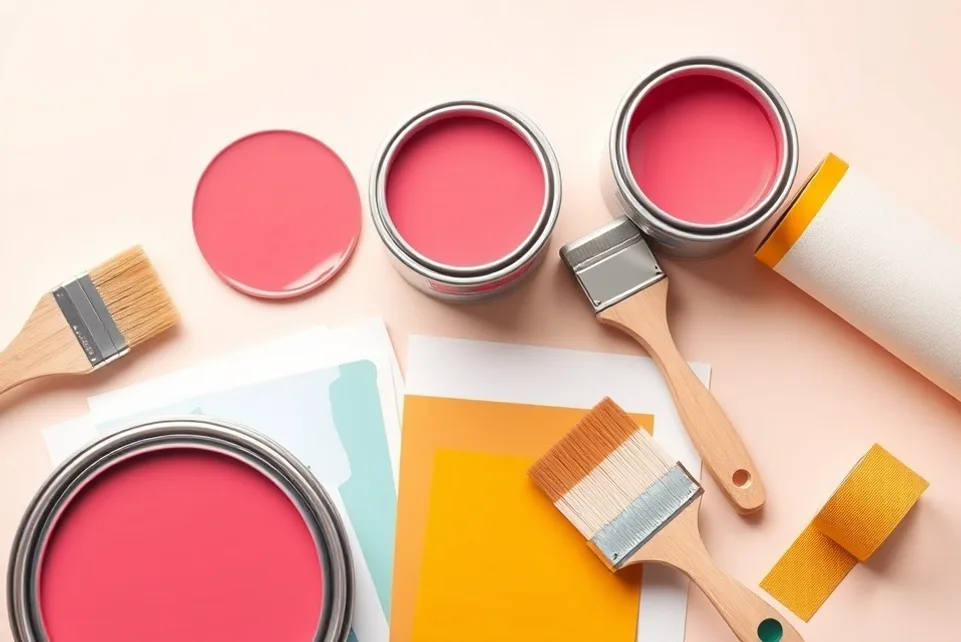 Pots de peinture, nuancier, brosses et rouleaux disposés à plat