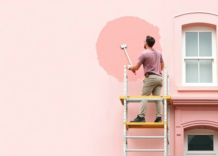 Peintre sur échafaudage traitant la façade d'une maison